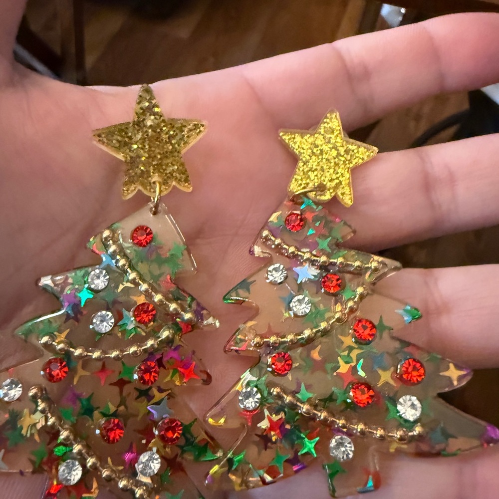 Festive Jumbo Christmas Tree Earrings with Stars